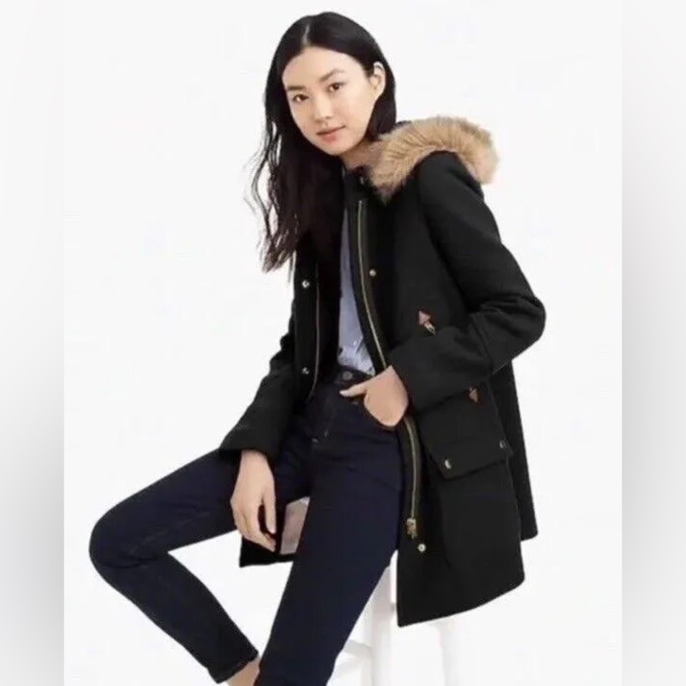 J. CREW Chateau Parka Wool Faux Fur Coat, Size 6 Black Stadium Cloth Nello Gori